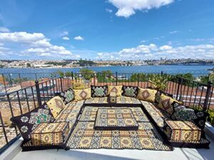 u shaped arabic floor sofa set, black floor cushions, balcony patio sofas, pallet sofa, ethnic sofa, moroccan sofas, sectional sofas,pouffs (u sofa full set)