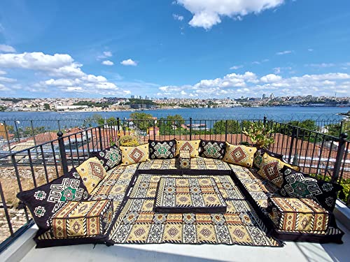 U Shaped Arabic Floor Sofa Set, Black Floor Cushions, Balcony Patio Sofas, Pallet Sofa, Ethnic Sofa, Moroccan Sofas, Sectional Sofas,Pouffs (U Sofa Full Set)