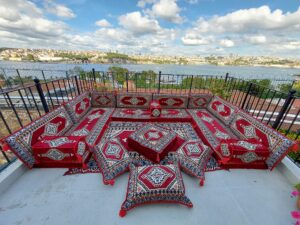 traditional floor cushions, u shaped maroon sectional sofas, arabic floor sofa set, pallet sofa, arabic majlis, yoga meditation sofas (u sofa full set)