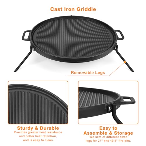 Onlyfire Chef Cast Iron Griddle, Grill Cookware for Solo Stove Bonfire 19.5" Fire Pit and Yukon fire Pit, Portable Round Iron Pan with 3 Removable Legs for Outdoor BBQ Cooking & Camping