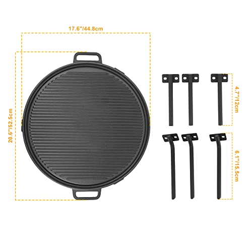 Onlyfire Chef Cast Iron Griddle, Grill Cookware for Solo Stove Bonfire 19.5" Fire Pit and Yukon fire Pit, Portable Round Iron Pan with 3 Removable Legs for Outdoor BBQ Cooking & Camping