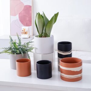 Nihow Modern Ceramic Plant Pot - 5 + 7 Inch Flower Pot for All Indoor Plants - Sturdy Planter Pots with Drainage Hole & Rubber Plugs - Semi-Matte Black & Nature - Plants Not Included