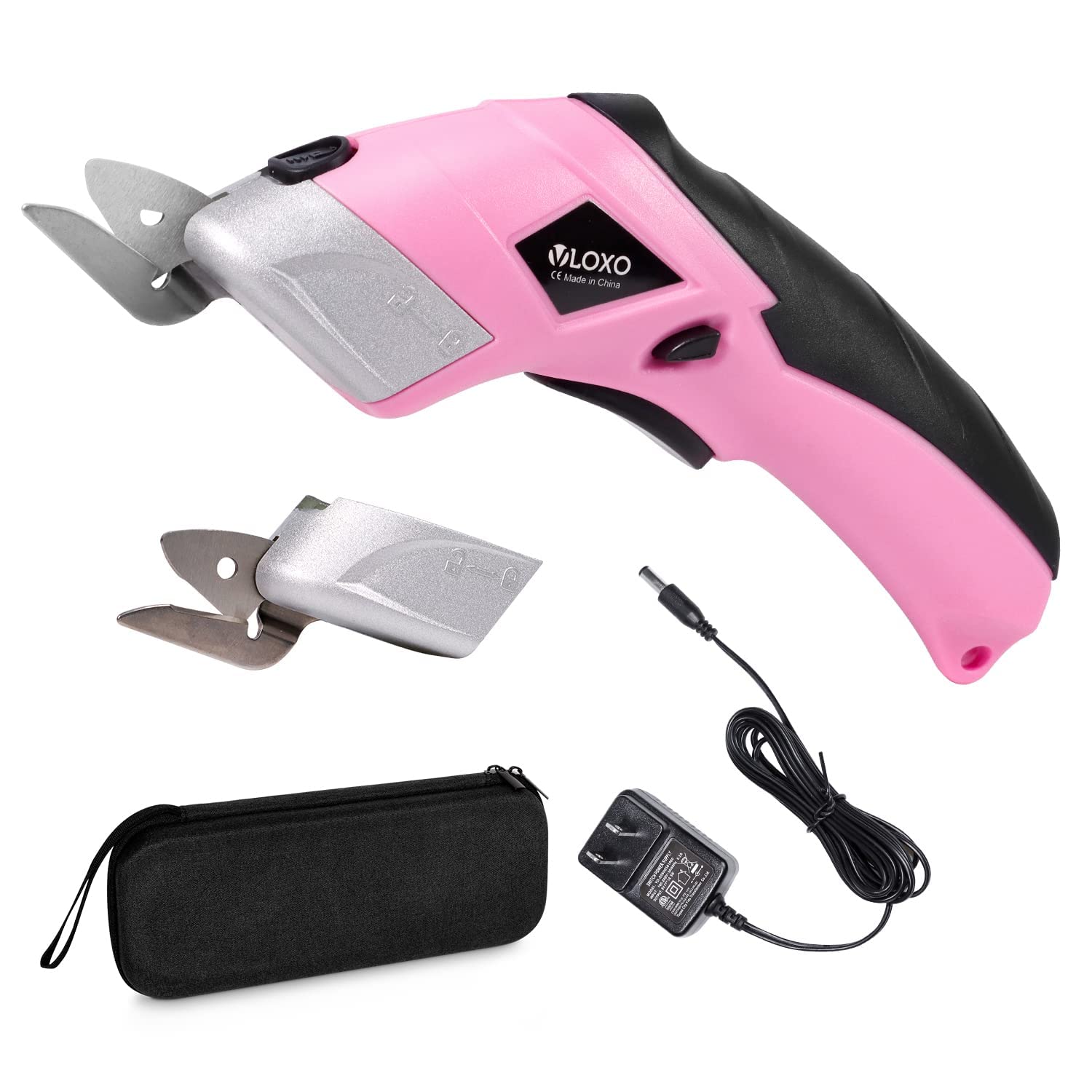 VLOXO Cordless Electric Scissors with 2 Blades Rechargeable Powerful Shears Cutting Tool for Fabric Cardboard Carpet Leather Felt with Charger & Storage Box-Pink