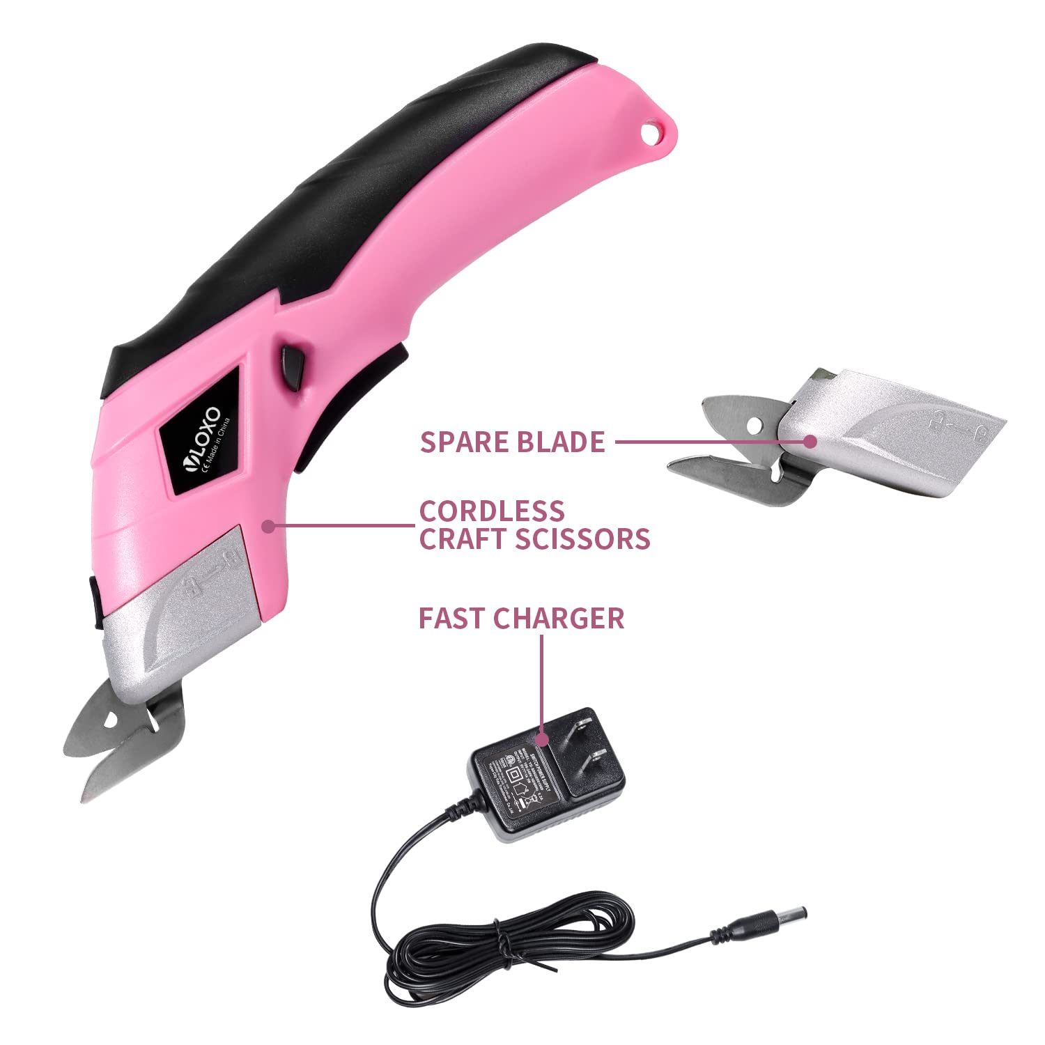 VLOXO Cordless Electric Scissors with 2 Blades Rechargeable Powerful Shears Cutting Tool for Fabric Cardboard Carpet Leather Felt with Charger & Storage Box-Pink