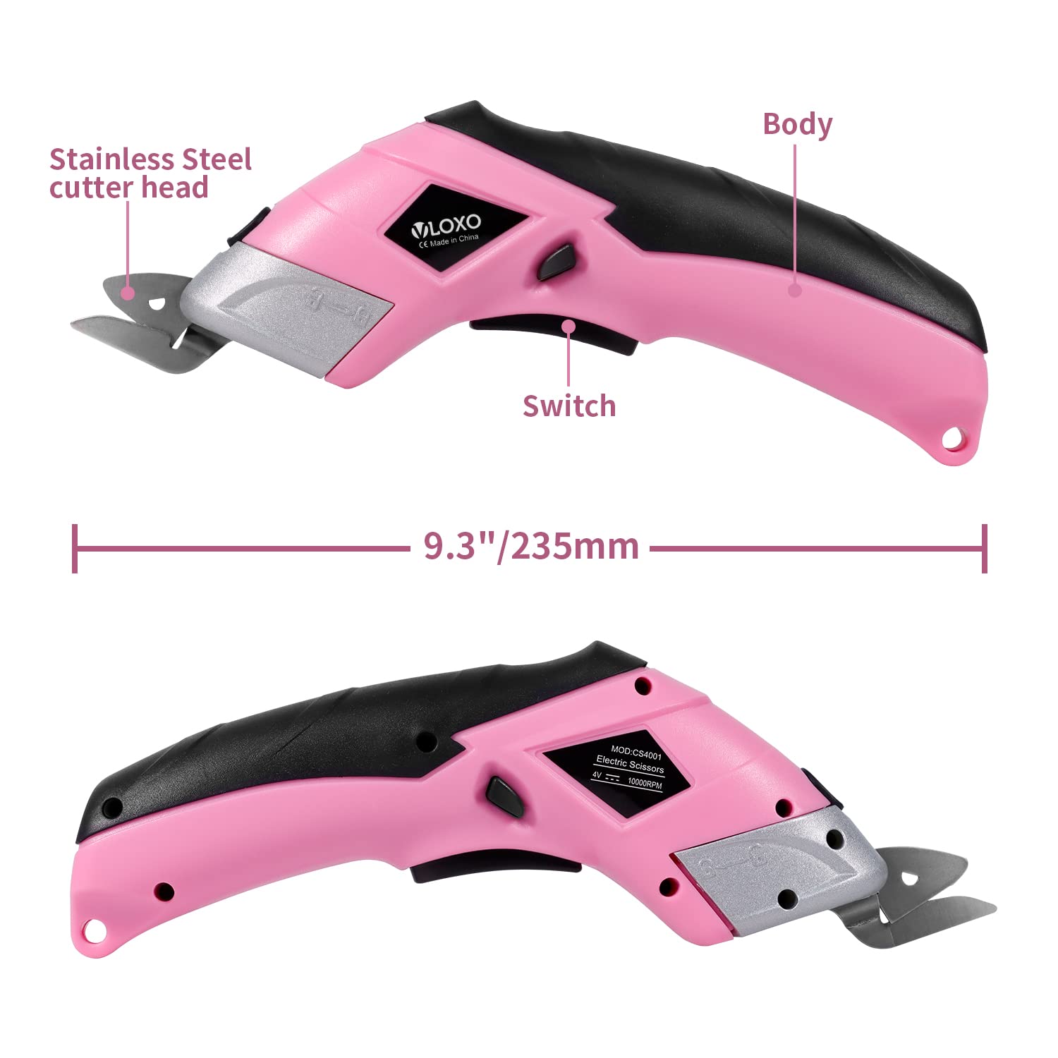 VLOXO Cordless Electric Scissors with 2 Blades Rechargeable Powerful Shears Cutting Tool for Fabric Cardboard Carpet Leather Felt with Charger & Storage Box-Pink