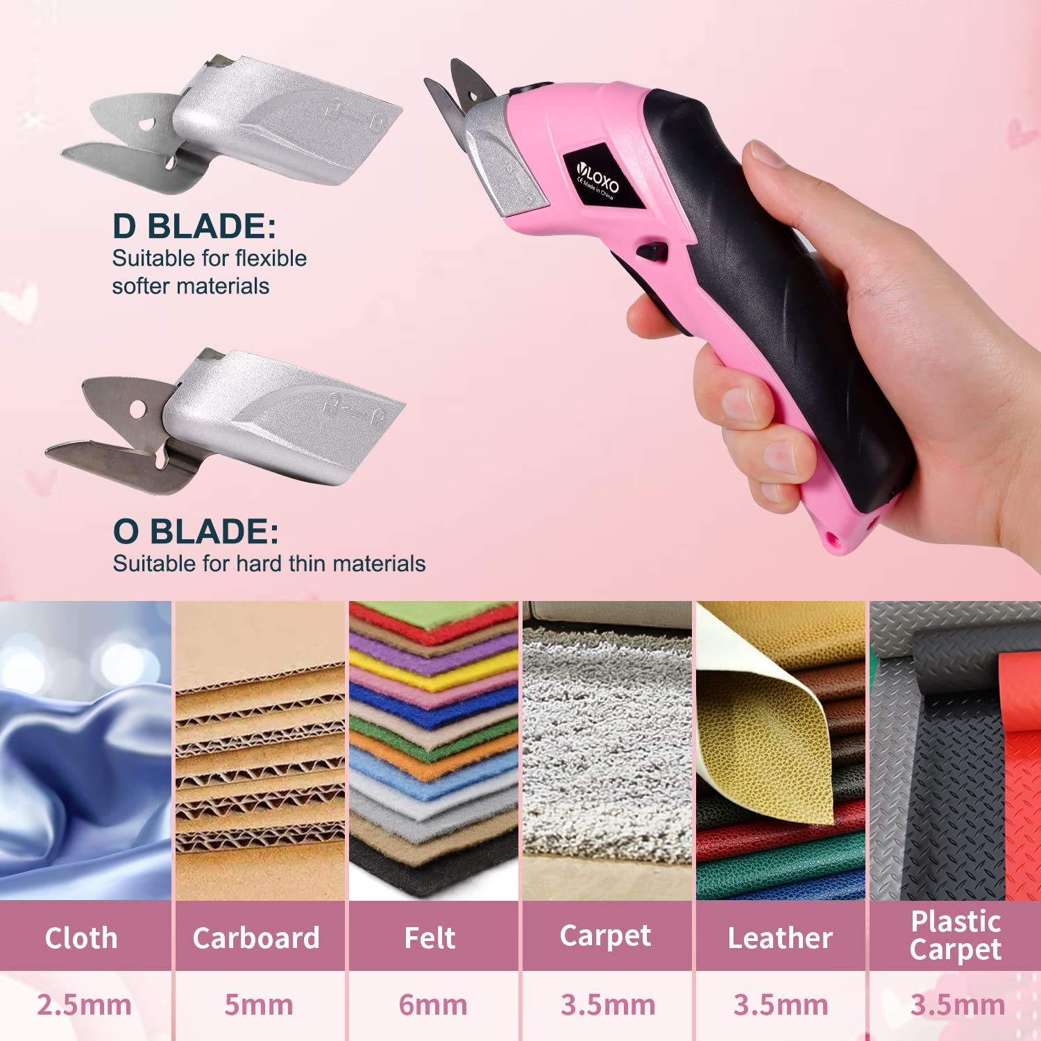 VLOXO Cordless Electric Scissors with 2 Blades Rechargeable Powerful Shears Cutting Tool for Fabric Cardboard Carpet Leather Felt with Charger & Storage Box-Pink