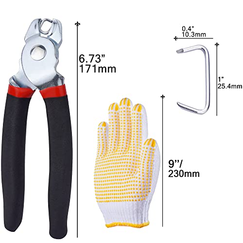 Hog Ring Pliers with 483Pcs 3/4" 1/2" 3/8" 1" Galvanized Hog Rings and Anti-Slip Gloves Perfect for Furniture Upholstery, Auto Upholstery, Cords, Animal Pet Cages, Bagging (Bent Hog Rings Pliers Kit)