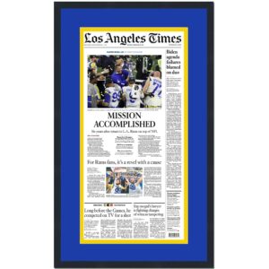 framed los angeles times la rams mission accomplished super bowl lvi 56 champions 14x24 football newspaper cover photo professionally matted v1