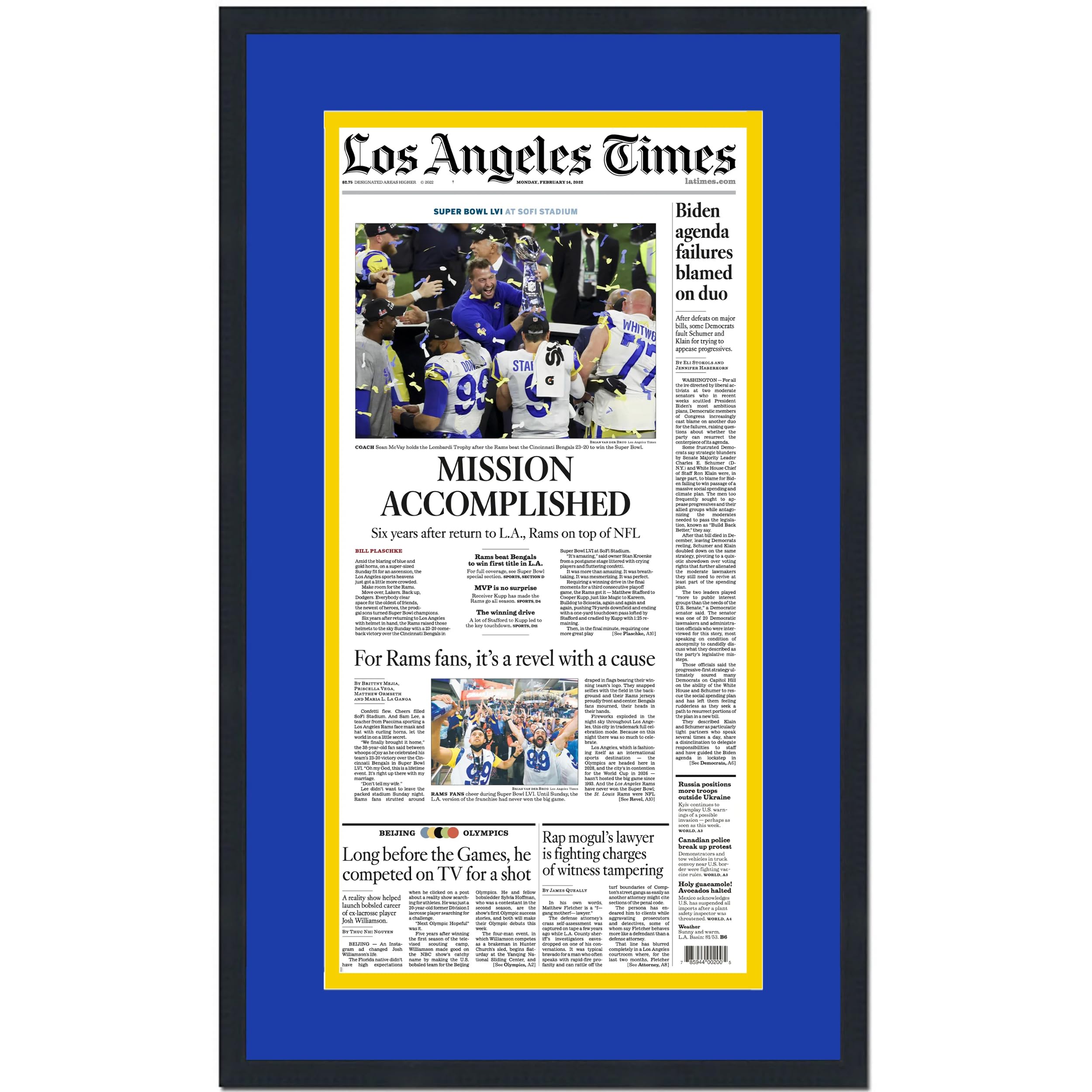 Framed Los Angeles Times LA Rams Mission Accomplished Super Bowl LVI 56 Champions 14x24 Football Newspaper Cover Photo Professionally Matted V1