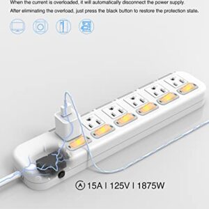 KRR Power Strip Independent Switches, Extension Cord 6 feet, 6 Outlets, 300J Surge Protector