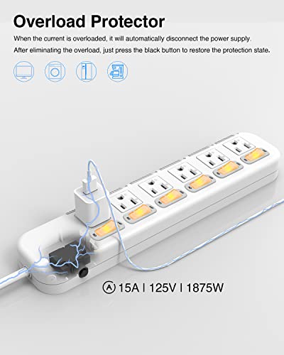 KRR Power Strip Independent Switches, Extension Cord 6 feet, 6 Outlets, 300J Surge Protector