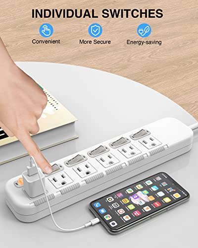 KRR Power Strip Independent Switches, Extension Cord 6 feet, 6 Outlets, 300J Surge Protector