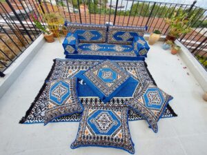 royal blue floor sofa seating set, floor cushions, traditional arabic sofa, ottoman couch, loveseats, arabic majlis, sectional sofa, pouffs (sofa full set)