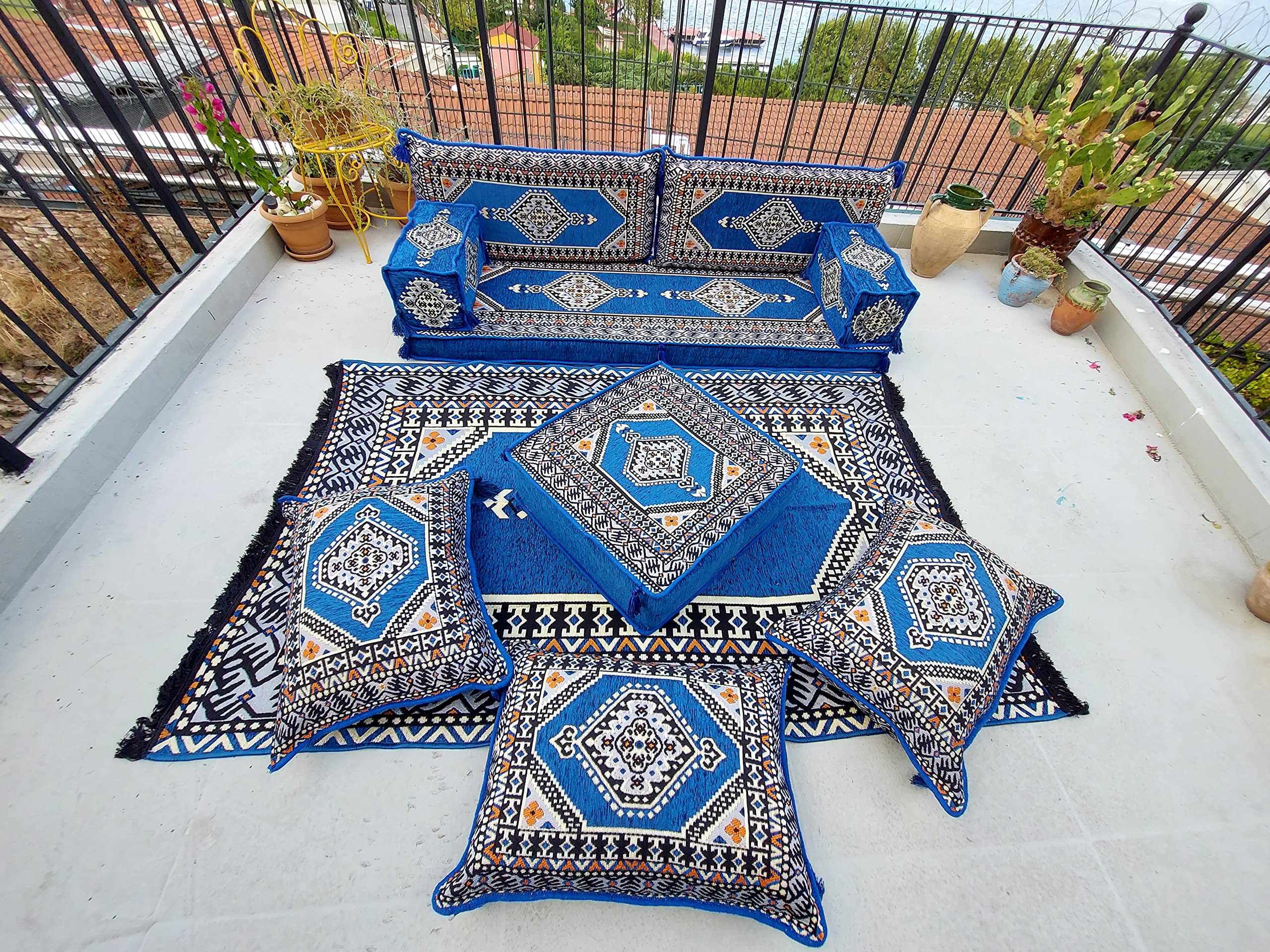 Royal Blue Floor Sofa Seating Set, Floor Cushions, Traditional Arabic Sofa, Ottoman Couch, Loveseats, Arabic Majlis, Sectional Sofa, Pouffs (Sofa Full Set)