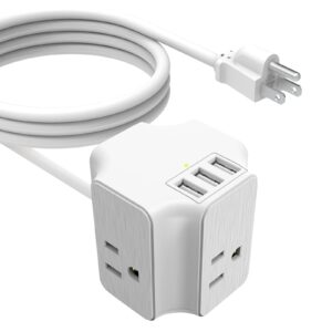travel power strip with usb ports,3-side outlet extender with 6 ft extension cord,portable power strip for travel, office, home, hotels, cruise ship.white