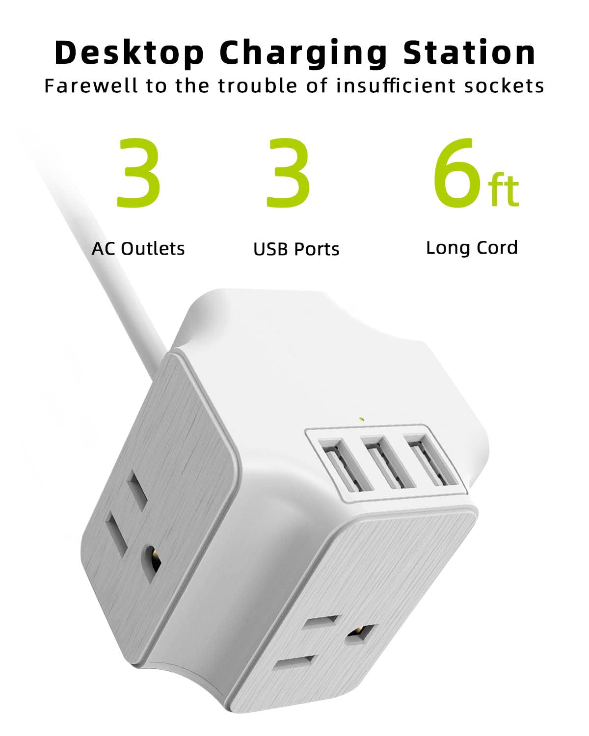 Travel Power Strip with USB Ports,3-Side Outlet Extender with 6 FT Extension Cord,Portable Power Strip for Travel, Office, Home, Hotels, Cruise Ship.White