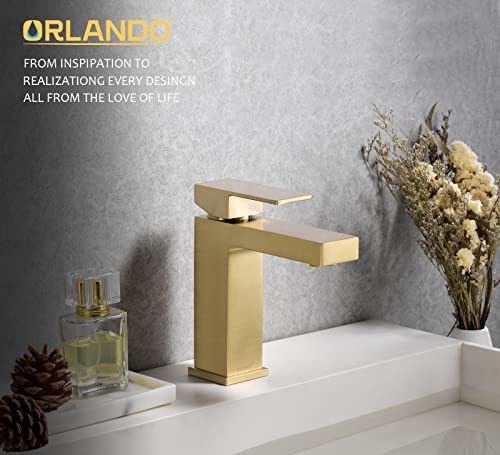 Brushed Gold Bathroom Faucet Single Hole, Modern Brass Bathroom Sink Faucet, Orlando Single Handle Vanity Faucet with Pop-up Drain Assembly and Supply Line, Brushed Gold