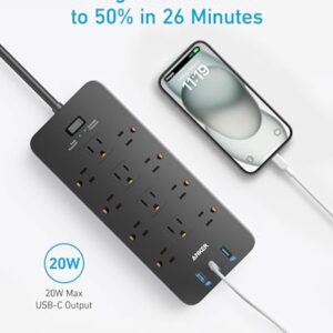 Surge Protector Power Strip (2100J), Anker 12 Outlets with 1 USB C and 2 USB Ports foriPhone 15/15 Plus/15 Pro/15 Pro Max, 5ft Extension Cord, Flat Plug, 20W USB C Charging for Home, Office,TUV Listed