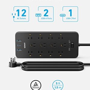 Surge Protector Power Strip (2100J), Anker 12 Outlets with 1 USB C and 2 USB Ports foriPhone 15/15 Plus/15 Pro/15 Pro Max, 5ft Extension Cord, Flat Plug, 20W USB C Charging for Home, Office,TUV Listed