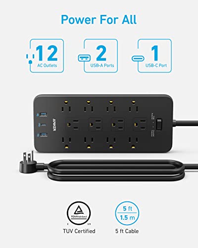 Surge Protector Power Strip (2100J), Anker 12 Outlets with 1 USB C and 2 USB Ports foriPhone 15/15 Plus/15 Pro/15 Pro Max, 5ft Extension Cord, Flat Plug, 20W USB C Charging for Home, Office,TUV Listed