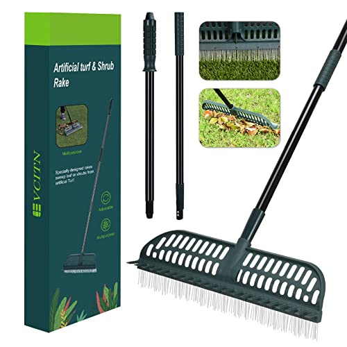 Evcitn Artificial Turf Rake, 43 to 63" Long Pole Turf rake - 18" Wide Garden Hand Broom Rake for Lawn, Synthetic Grass, Carpet, Shrub, Remove Leaves, Debris, Pet Hairs (Dark Light)