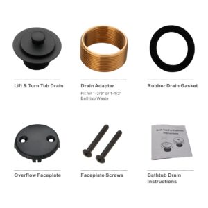 Black Bathtub Tub Drain Conversion Kit Assembly, Wellup Lift and Turn Twist Tub Drain Trim Kit with Two-Hole Overflow Faceplate, Matte Black