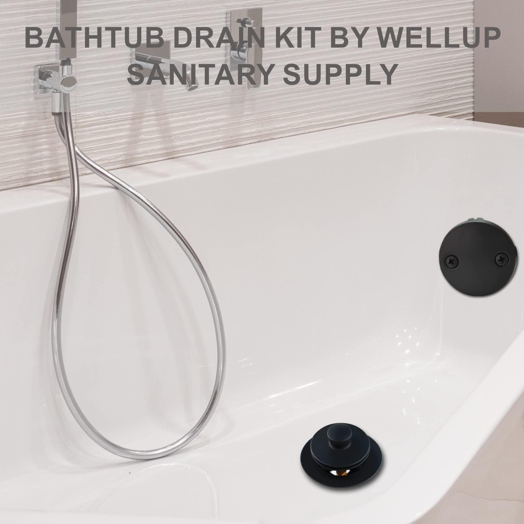 Black Bathtub Tub Drain Conversion Kit Assembly, Wellup Lift and Turn Twist Tub Drain Trim Kit with Two-Hole Overflow Faceplate, Matte Black