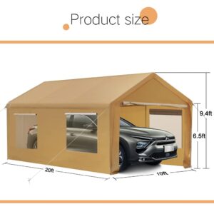 Carport Canopy 10x20 Heavy Duty Car Canopy with Removable Sidewalls Portable Carport Garage Tent Boat Shelter Market Stall, with 4 Windows Yellow