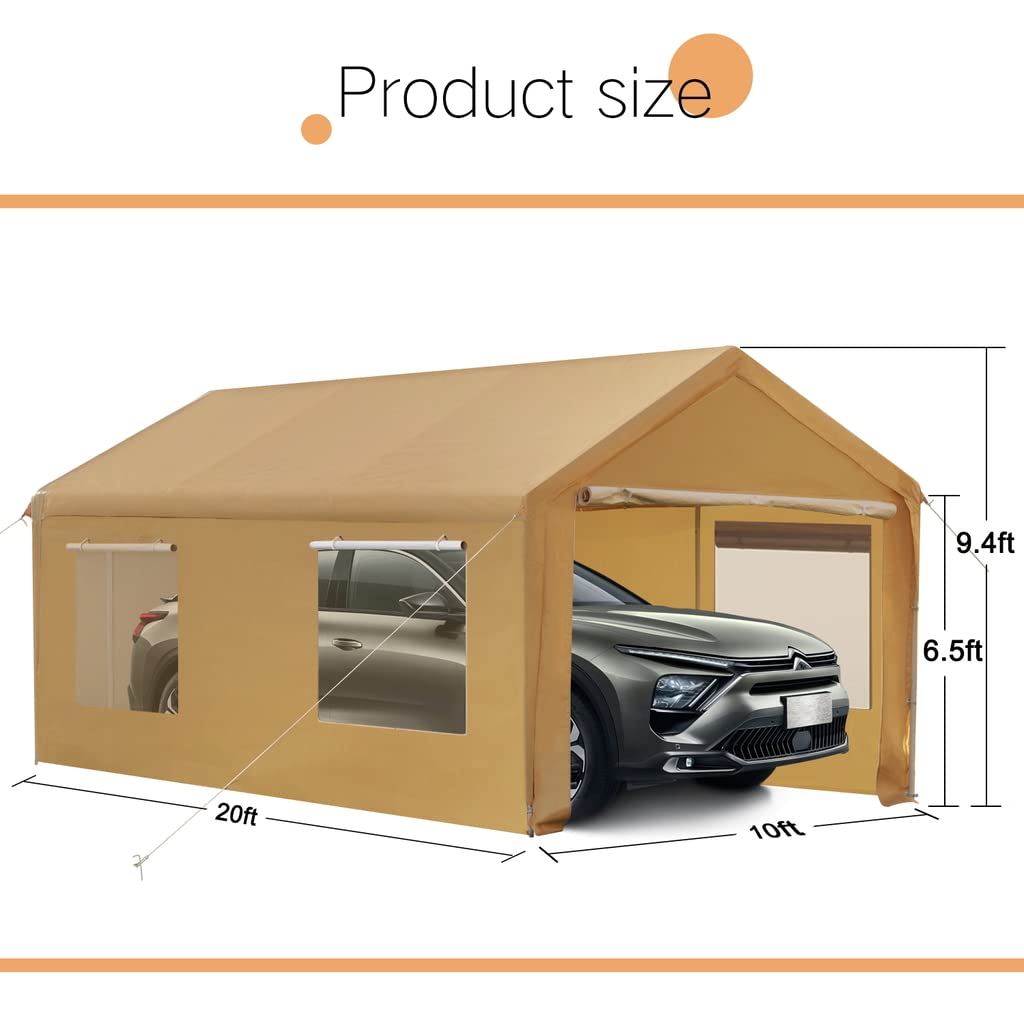 Carport Canopy 10x20 Heavy Duty Car Canopy with Removable Sidewalls Portable Carport Garage Tent Boat Shelter Market Stall, with 4 Windows Yellow