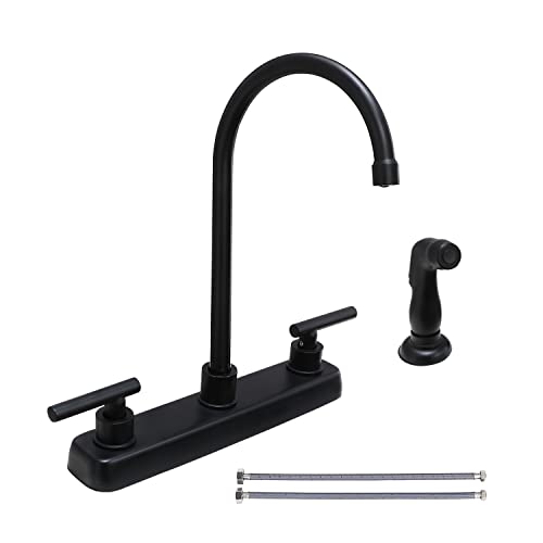 HOTIS Modern Matte Black 3 Hole 4 Hole Deck Mount Kitchen Faucet with Side Sprayer, Stainless Steel, 2 Handle, High Arc Swivel for RV Camper Sink