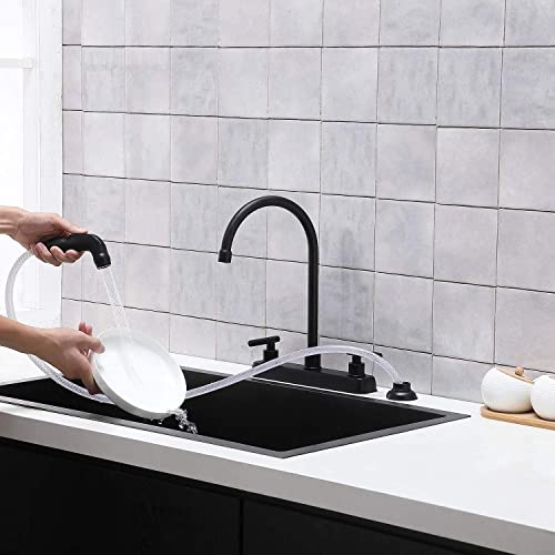 HOTIS Modern Matte Black 3 Hole 4 Hole Deck Mount Kitchen Faucet with Side Sprayer, Stainless Steel, 2 Handle, High Arc Swivel for RV Camper Sink
