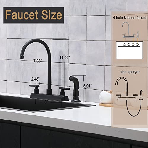 HOTIS Modern Matte Black 3 Hole 4 Hole Deck Mount Kitchen Faucet with Side Sprayer, Stainless Steel, 2 Handle, High Arc Swivel for RV Camper Sink