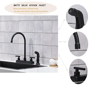 HOTIS Modern Matte Black 3 Hole 4 Hole Deck Mount Kitchen Faucet with Side Sprayer, Stainless Steel, 2 Handle, High Arc Swivel for RV Camper Sink