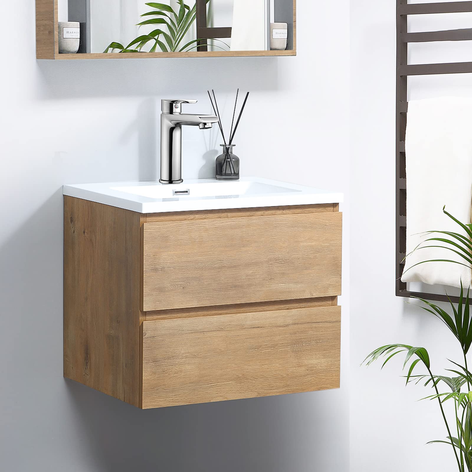 KSWIN 24" Wall Mounted Bathroom Vanity with Sink, Modern Floating Bathroom Cabinet with White Integrated Wash Basin