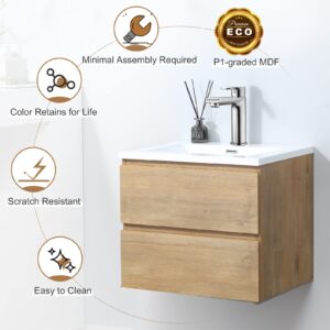 KSWIN 24" Wall Mounted Bathroom Vanity with Sink, Modern Floating Bathroom Cabinet with White Integrated Wash Basin