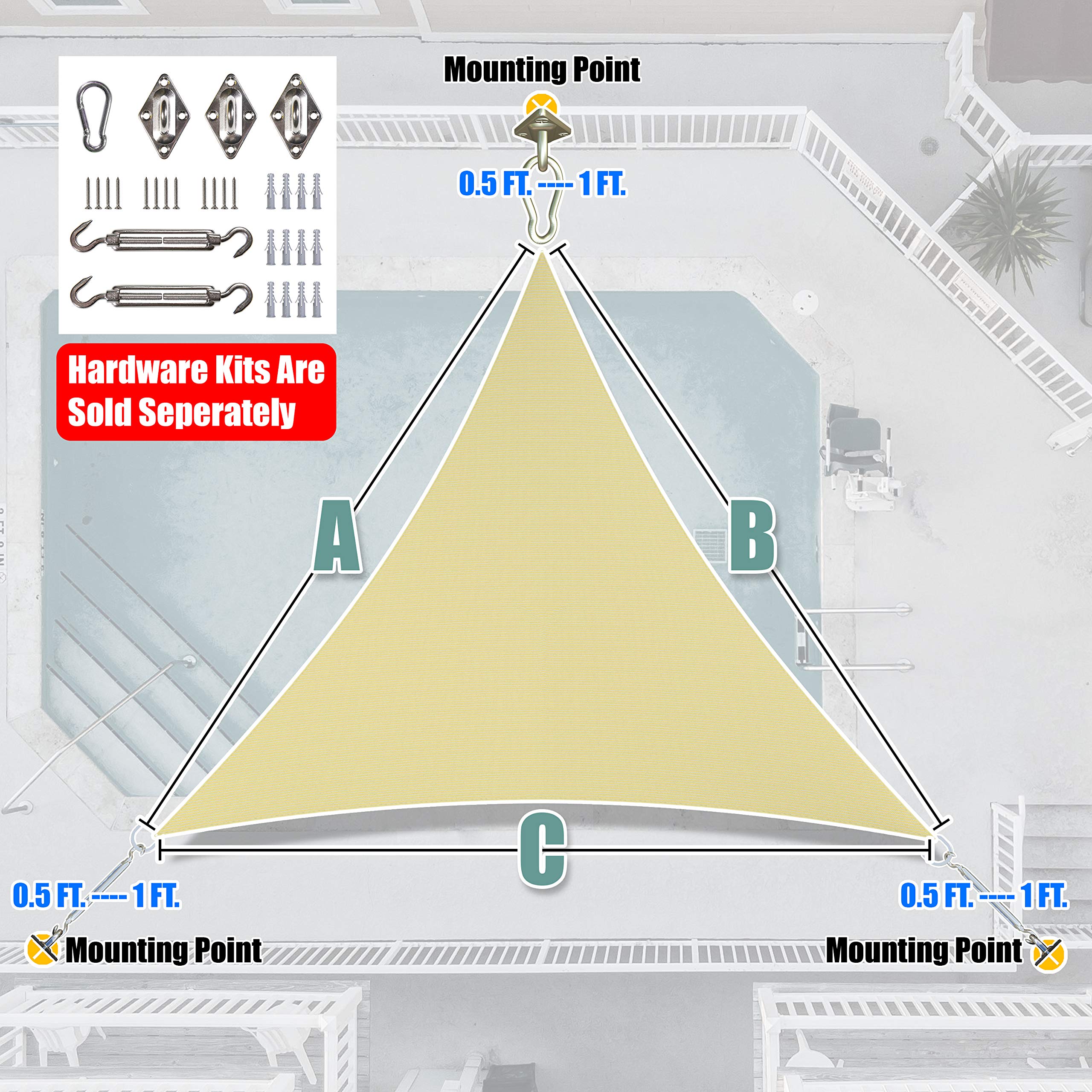 Amgo 10' x 10' x 10' Beige Triangle Sun Shade Sail Awning, 95% UV Blockage, Water & Air Permeable, Commercial and Residential (We Make Custom Size)