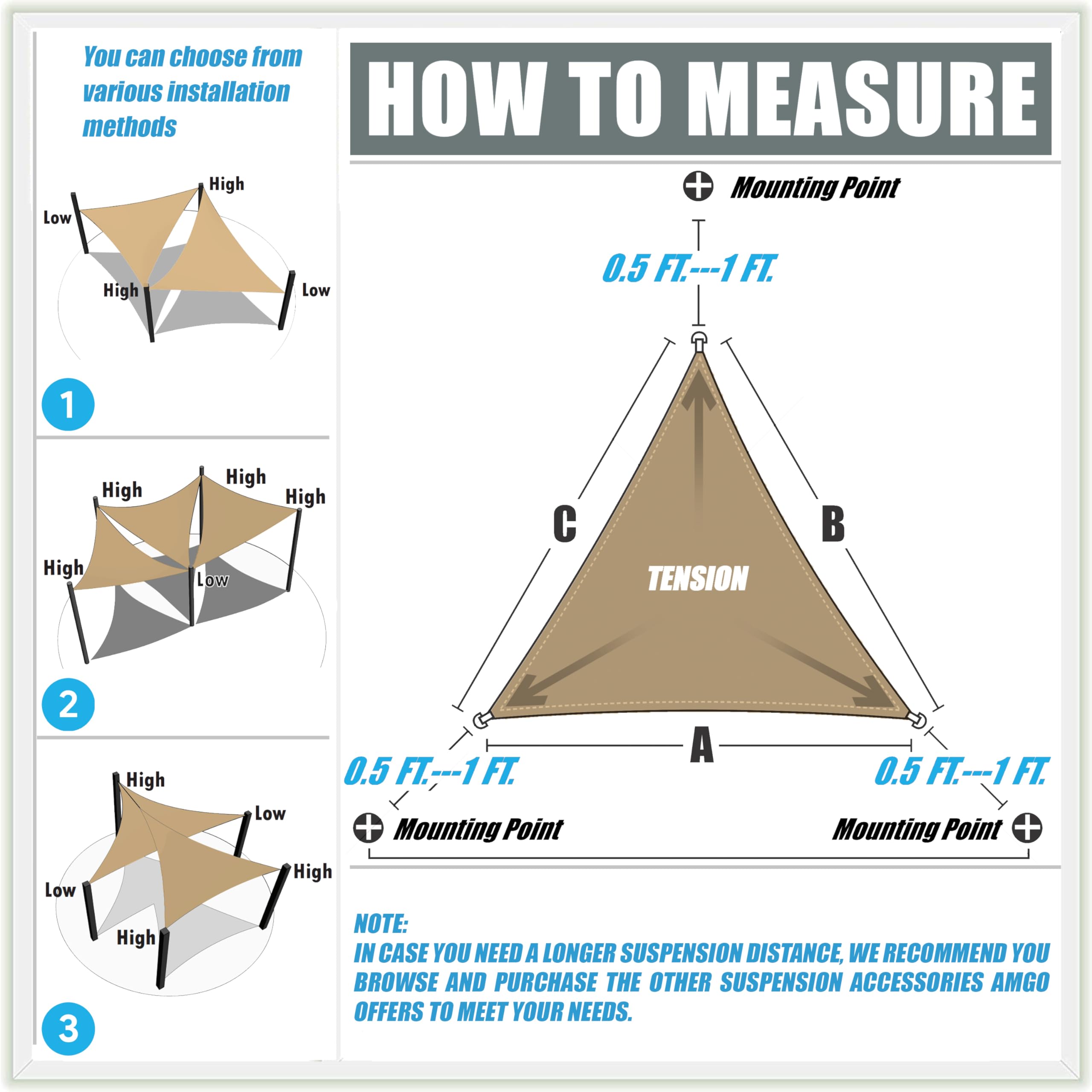 Amgo 10' x 10' x 10' Beige Triangle Sun Shade Sail Awning, 95% UV Blockage, Water & Air Permeable, Commercial and Residential (We Make Custom Size)