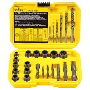 topec screw extractor set, 26 piece bolt extractor kit and left hand drill bit with hex adapter, easy out stripped lug nut remover socket for stripped, damaged, rounded-off, rusted bolts, nuts&screws