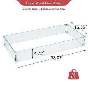 GYUTEI Fire Pit Wind Guard, 33"x 15"x 5" Fire Pit Glass Wind Guard 0.39 Inch Clear Tempered Glass Flame Shield with Hard Aluminum Corner Bracket for Rectangular Outdoor Fire Pit