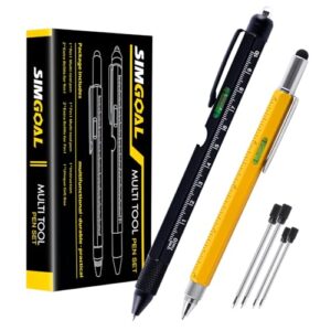 SIMGOAL 2 Piece Multi-tool Pen set,Unique Gifts for Dad-4"Ruler, Level, LED Light, Ballpoint pen, Flat/Phillips Screwdriver, Bottle Opener and Touchscreen Stylus.