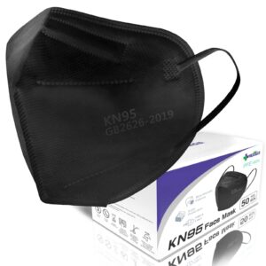 medtecs kn95 face masks disposable - individually wrapped, 5 ply protection & extra wide elastic ear loops design, ≧ 95% filtration efficiency | mask extender included, 50 pc - black