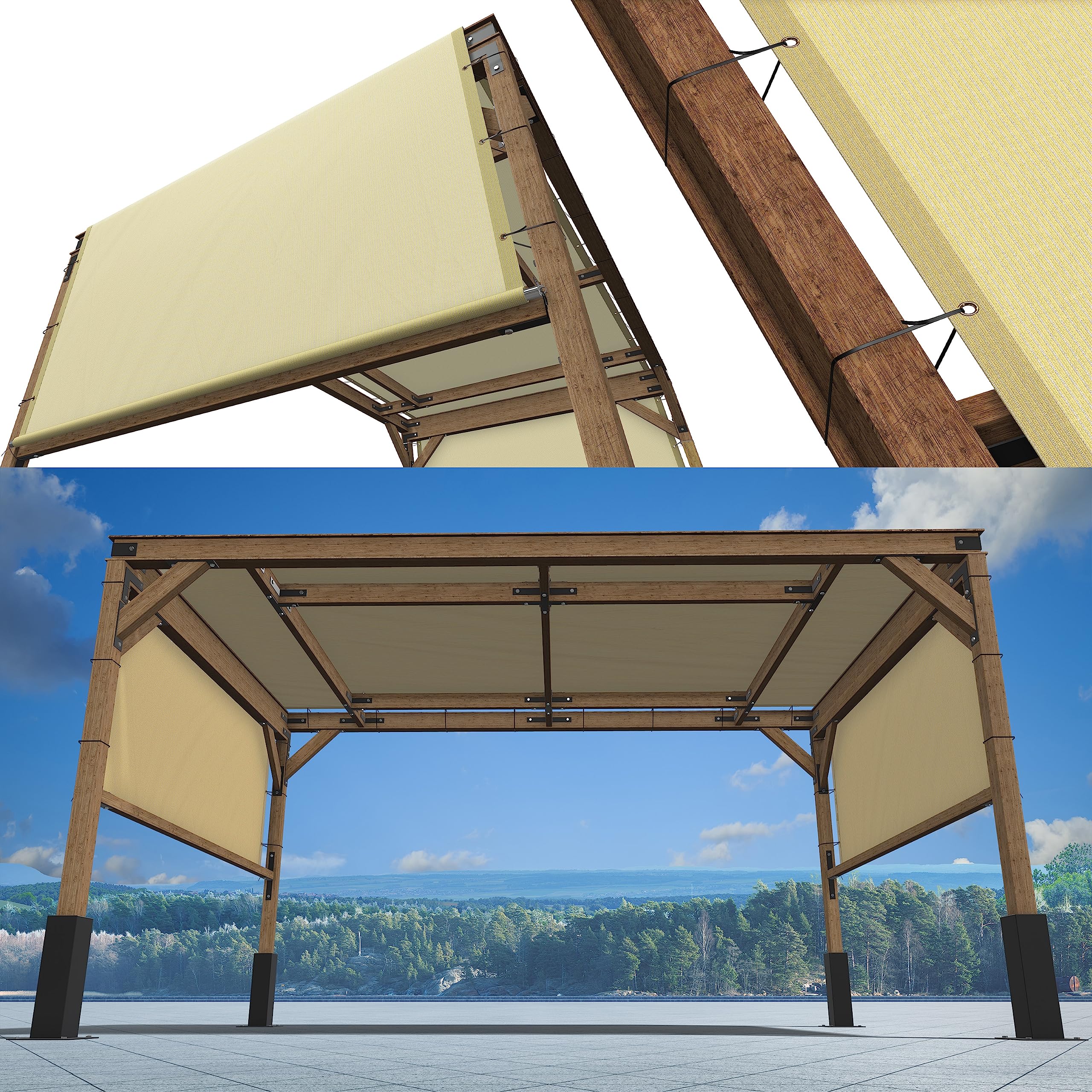 ShadeMart 14' W x 16' L Beige Custom Size Pergola Shade Cover UPF50 with Stainless Steel Weighted Rods and Grommets - Outdoor Patio Canopy Replacement - Commercial Grade 260 GSM Cloth