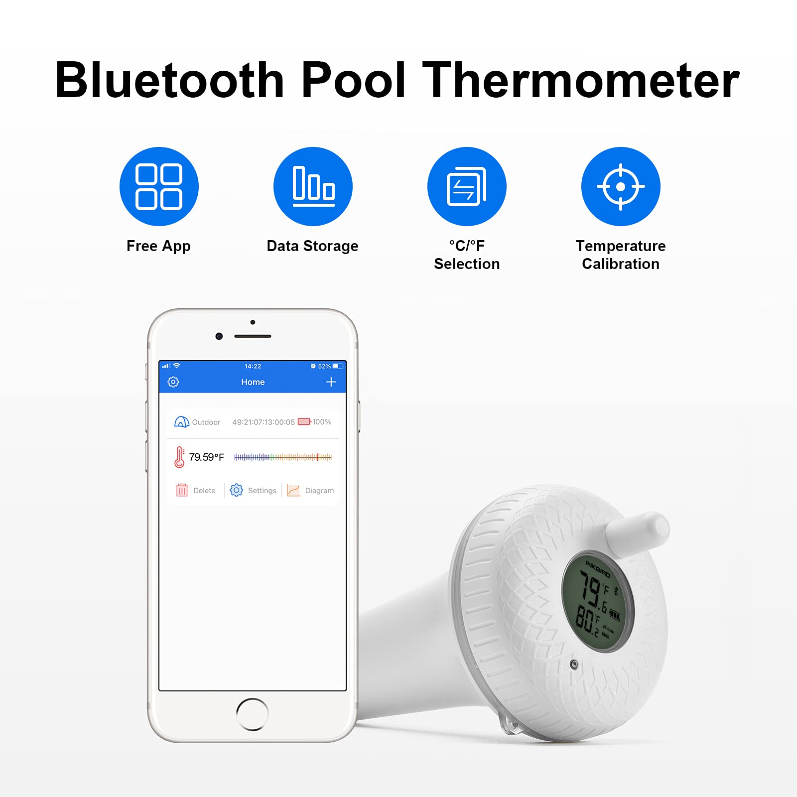 Inkbird Pool Thermometer with Bluetooth, for Hot Tub, Swimming Pool, Aquarium