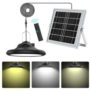 neoglint outdoor solar pendant light 100-led ip66 waterproof solar lights 1000lm dimmable 3 color with remote control solar shed light with 16.4ft cord for patio porch balcony outdoor indoor lighting