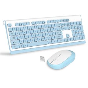 wireless keyboard mouse combo, magegee v650 quiet full size 2.4g ultra-thin wireless keyboard and mouse set with number pad for windows, desktop, laptop, pc, white blue