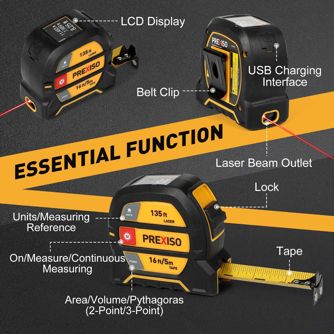 PREXISO 215Ft Laser Measure with Entension for Diagonal Measuring & PREXISO 2-in-1 Digital Laser Tape Measure, 135Ft Rechargeable Laser Distance Meter