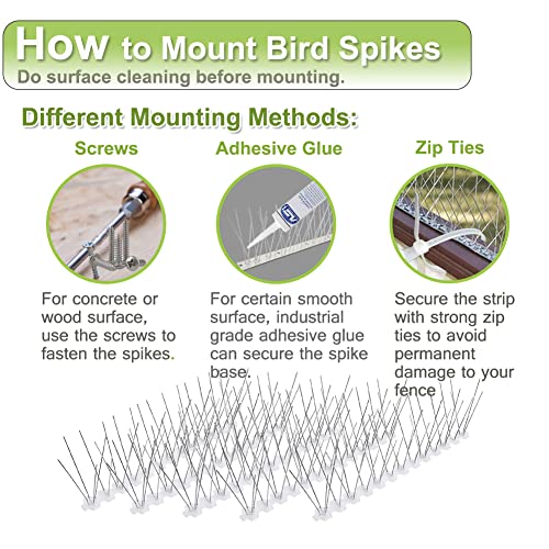 Bird Spikes for Pigeons Small Birds Stainless Steel 100 feet Coverage Outdoor Use Bird Deterrent Strips Devices for Fence Crows Woodpeckers with 304 Stainless Steel Pins and Plastic Base Flexible Use