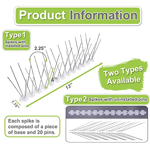 Bird Spikes for Pigeons Small Birds Stainless Steel 100 feet Coverage Outdoor Use Bird Deterrent Strips Devices for Fence Crows Woodpeckers with 304 Stainless Steel Pins and Plastic Base Flexible Use