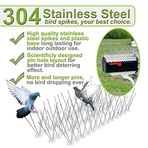 Bird Spikes for Pigeons Small Birds Stainless Steel 100 feet Coverage Outdoor Use Bird Deterrent Strips Devices for Fence Crows Woodpeckers with 304 Stainless Steel Pins and Plastic Base Flexible Use