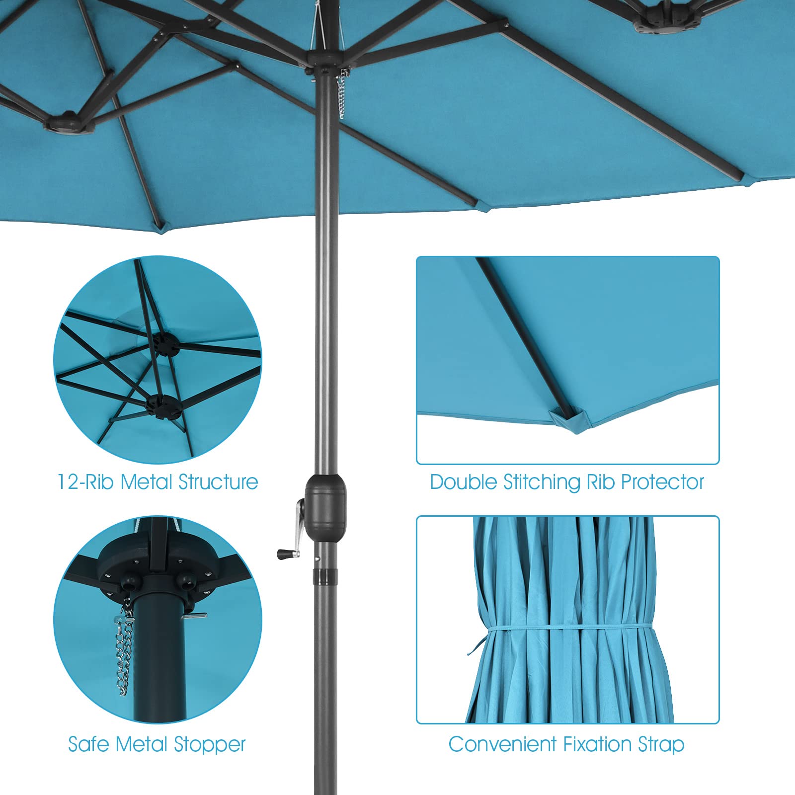 Tangkula 15Ft Double-Sided Patio Umbrella, Outdoor Extra Large Umbrella W/Hand-Crank System & Air Vents, Market Twin Umbrella W/ 12-Rib Sturdy Metal Frame for Poolside, Garden Backyard (Turquoise)